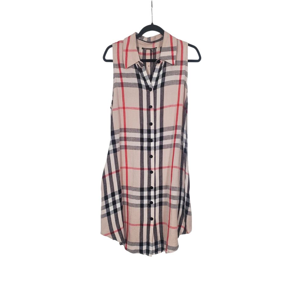 SALE! Beige Black RedCheck Dress Sz 4/6 Sz S w/pockets linen rayon buttons